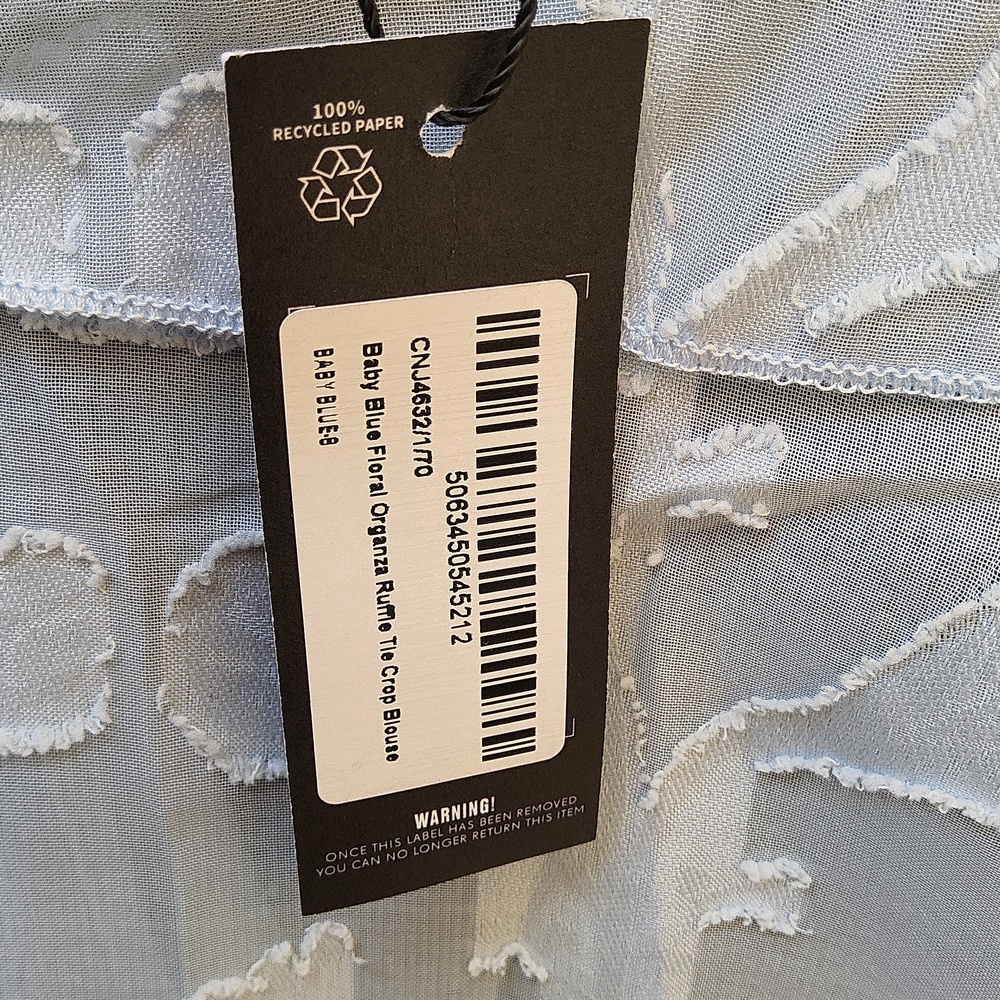 Prettylittlething Baby Blue Floral Organza Ruffled Sheer Tie Crop Top Size 4 - Picture 7 of 9